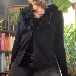 Vintage feather trim cardigan in black.